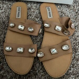 Steve Madden Tan Jeweled Double-Strap Slide Sandals